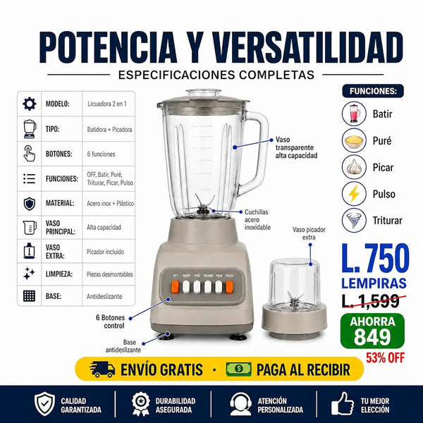 🍹 Licuadora 2 en 1 — ¡Batí, Picá y Cociná como Nunca Antes!