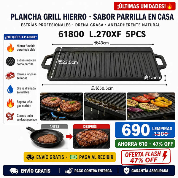 🔥 Plancha Grill de Hierro Fundido — ¡Cocinás como Parrillero Profesional en Casa!
