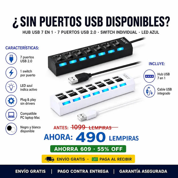 💻⚡ Hub USB 7 en 1 con Switch Individual — LED Azul | Plug & Play | Negro o Blanco 🖥️✅