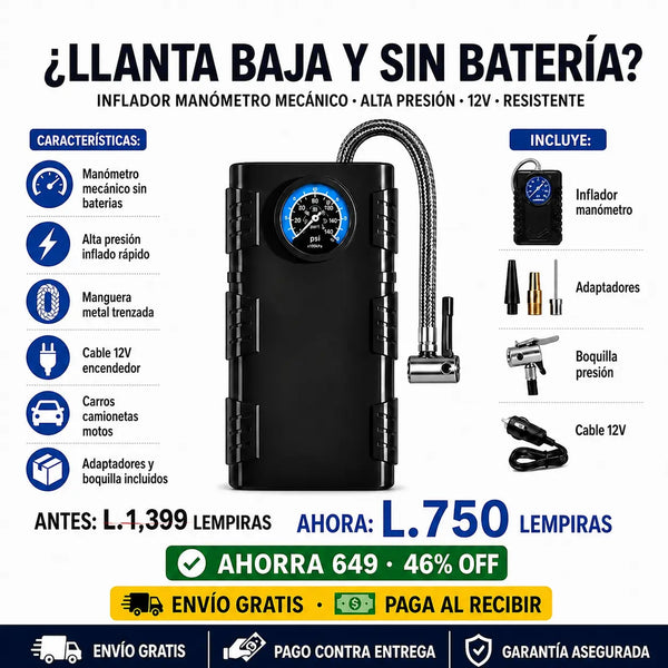 Bomba de Aire de Alta Presión con Manómetro Mecánico — Sin Baterías | Manguera Metálica | Para Camionetas y 4x4 💪🛞