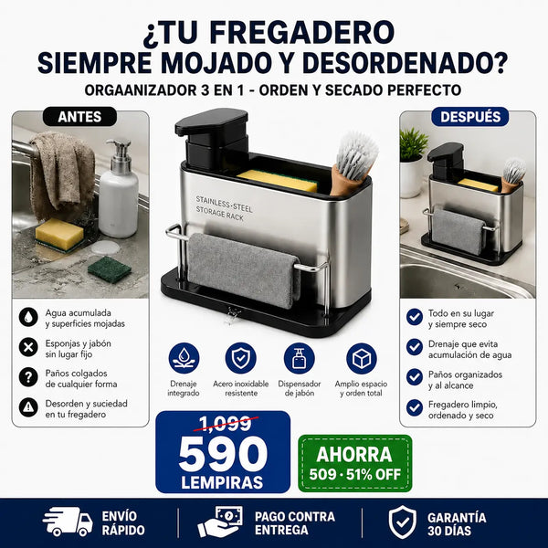 Organizador de Fregadero 3 en 1 de Acero Inoxidable