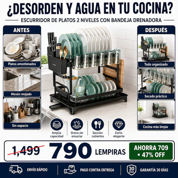 Escurridor de Platos 2 Niveles con Bandeja Drenadora — Doble Capacidad, Acabado Premium