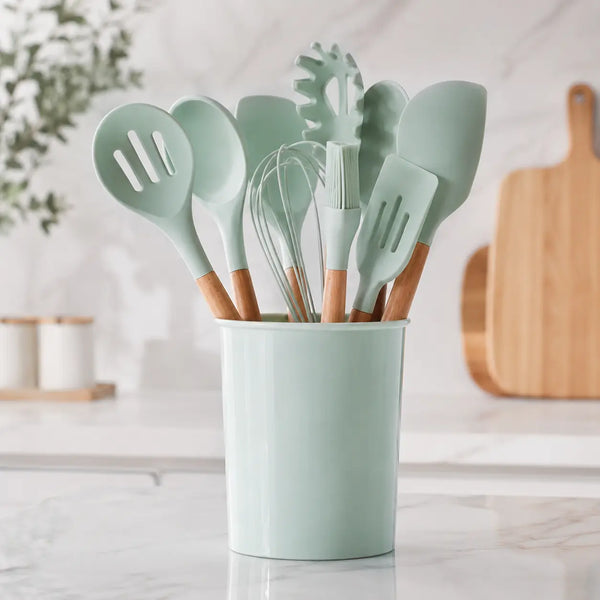 🍳 SiliChef Pro 12 | Set 12 Utensilios Cocina Silicona con Mango de Madera | No Raya Tus Sartenes | Resistente 230°C | Pago al Recibir Honduras