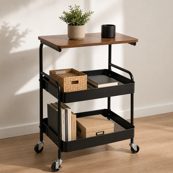 🛒 RollDesk Pro 3N | Carrito Organizador con Ruedas 3 Niveles | Tablero Madera + Bandejas Metal | Para Oficina, Cocina y Más | Pago al Recibir Honduras