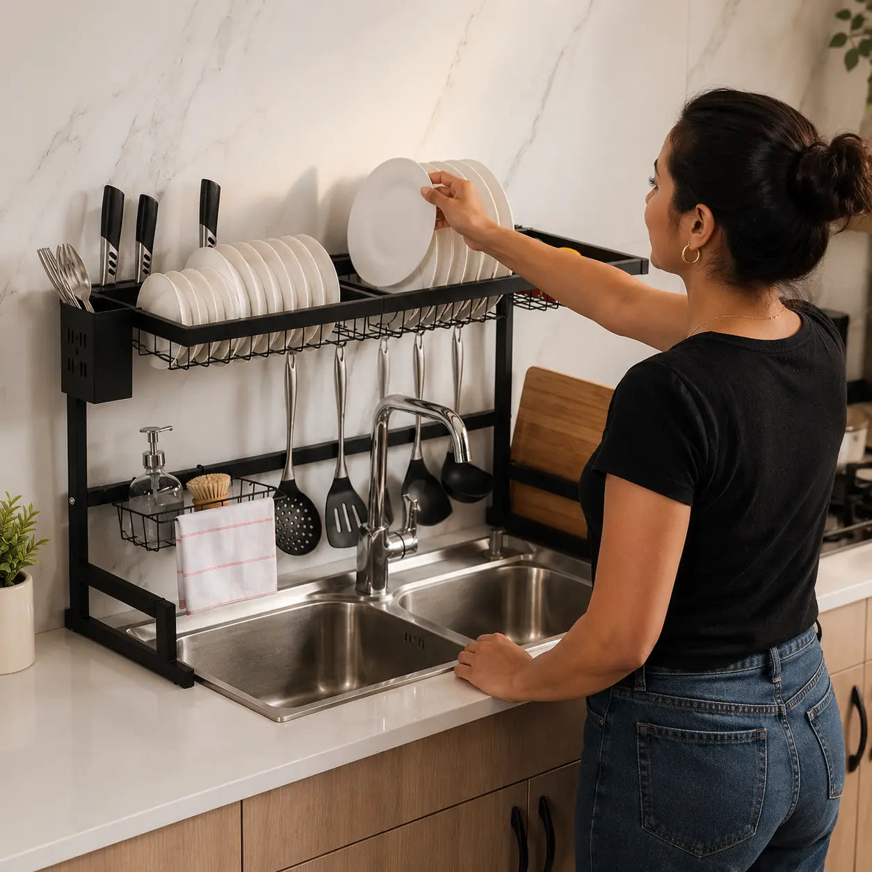 DrainPro Rack 2 Niveles | Escurridor Organizador de Cocina sobre Fregadero con Accesorios Completos | Acero Negro Mate | Ganchos Portacubiertos y Porta Tabla | Pago al Recibir Honduras
