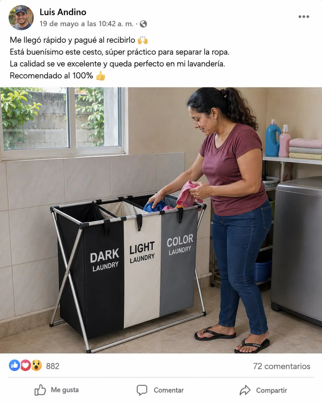 CleanSort Pro 3en1 | Cesto Organizador de Ropa Plegable | Separa Ropa Oscura Clara y de Color | 3 Compartimentos 150L | Pago al Recibir Honduras