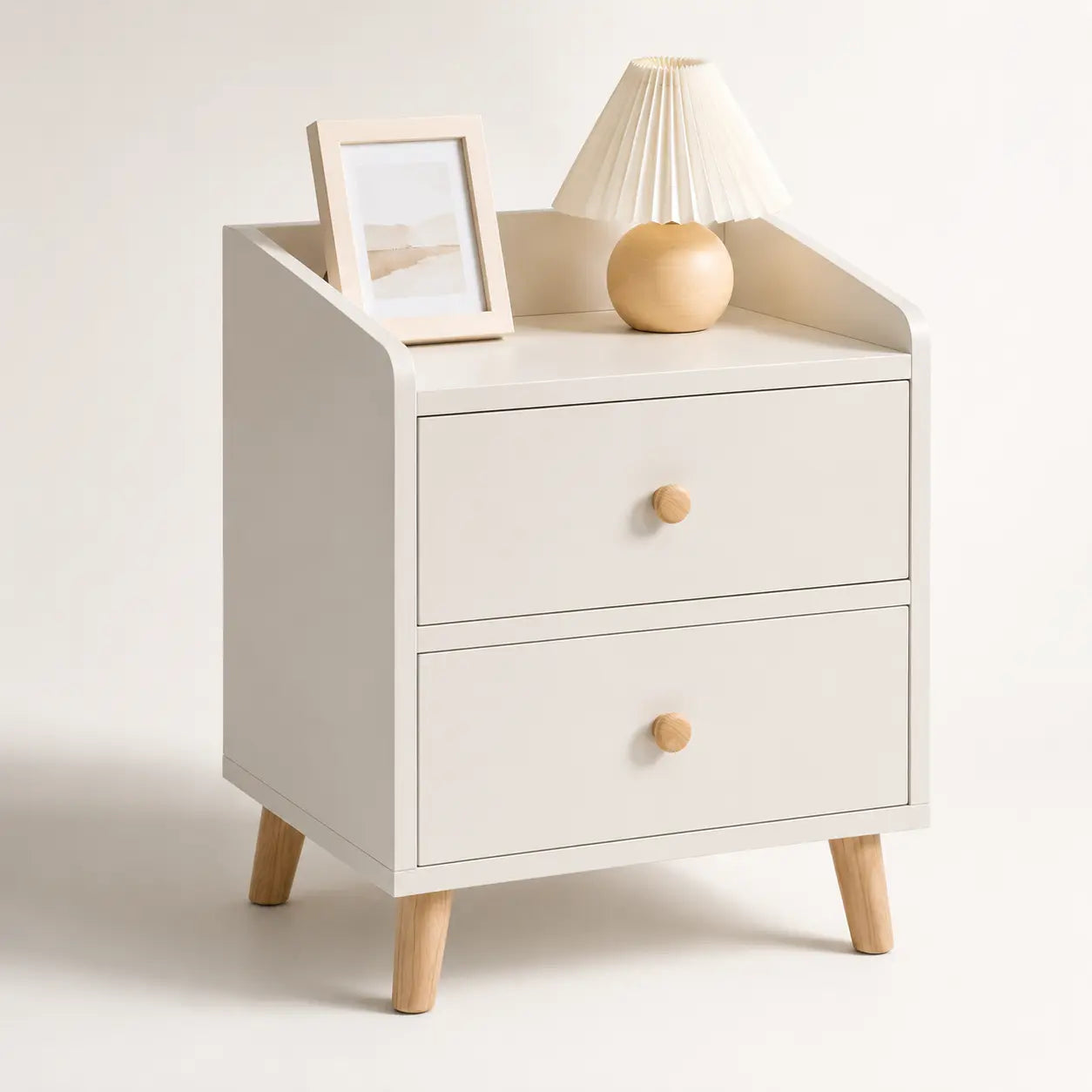 BedsideNord Pro | Mesa de Noche Estilo Nórdico 2 Cajones Madera Natural Blanca para Dormitorio | Repisa Superior | Patas de Madera | Pago al Recibir Honduras