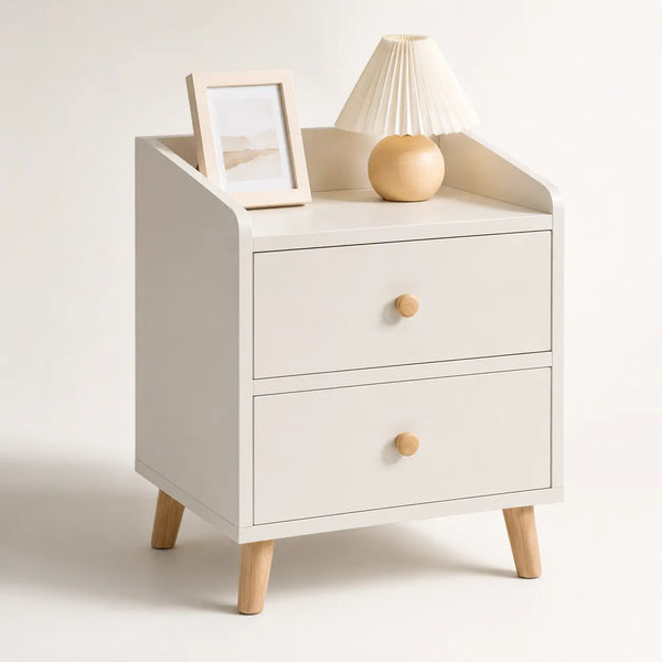 BedsideNord Pro | Mesa de Noche Estilo Nórdico 2 Cajones Madera Natural Blanca para Dormitorio | Repisa Superior | Patas de Madera | Pago al Recibir Honduras