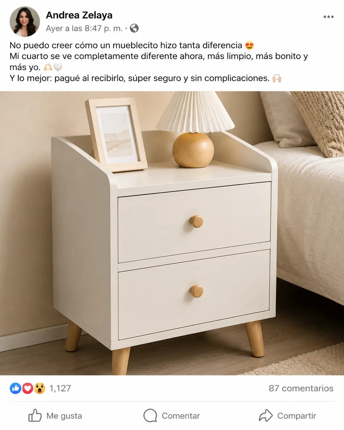BedsideNord Pro | Mesa de Noche Estilo Nórdico 2 Cajones Madera Natural Blanca para Dormitorio | Repisa Superior | Patas de Madera | Pago al Recibir Honduras