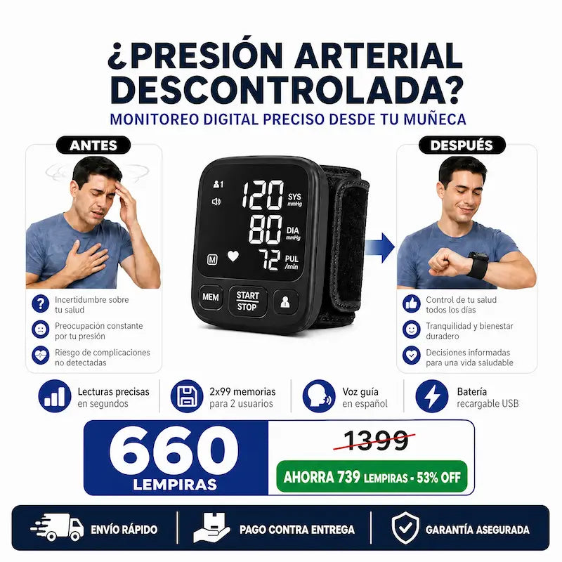 Monitor Digital 2026 de Presión Arterial de Muñeca – Pantalla LED, Memoria Doble y Voz Guía + seguro de Garantía