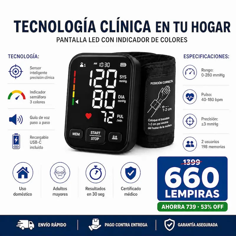 Monitor Digital 2026 de Presión Arterial de Muñeca – Pantalla LED, Memoria Doble y Voz Guía + seguro de Garantía