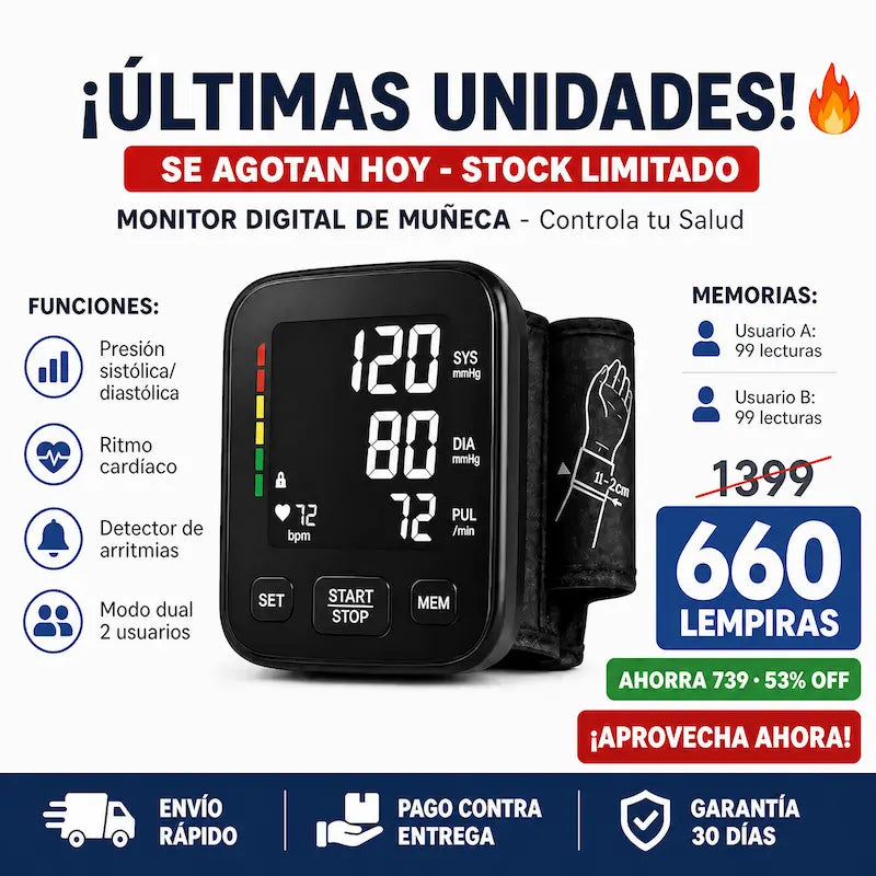 Monitor Digital 2026 de Presión Arterial de Muñeca – Pantalla LED, Memoria Doble y Voz Guía + seguro de Garantía