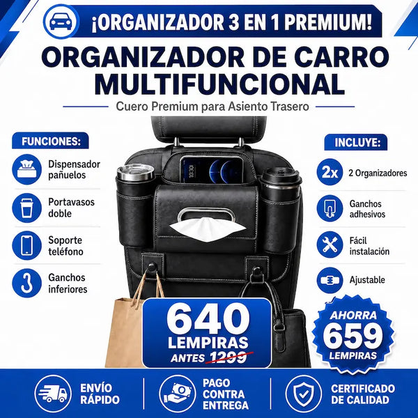 Amazon AutoSpace Pro 3 en 1 – Organizador en Cuero  Premium para Asiento Trasero Certificado y con Garantia