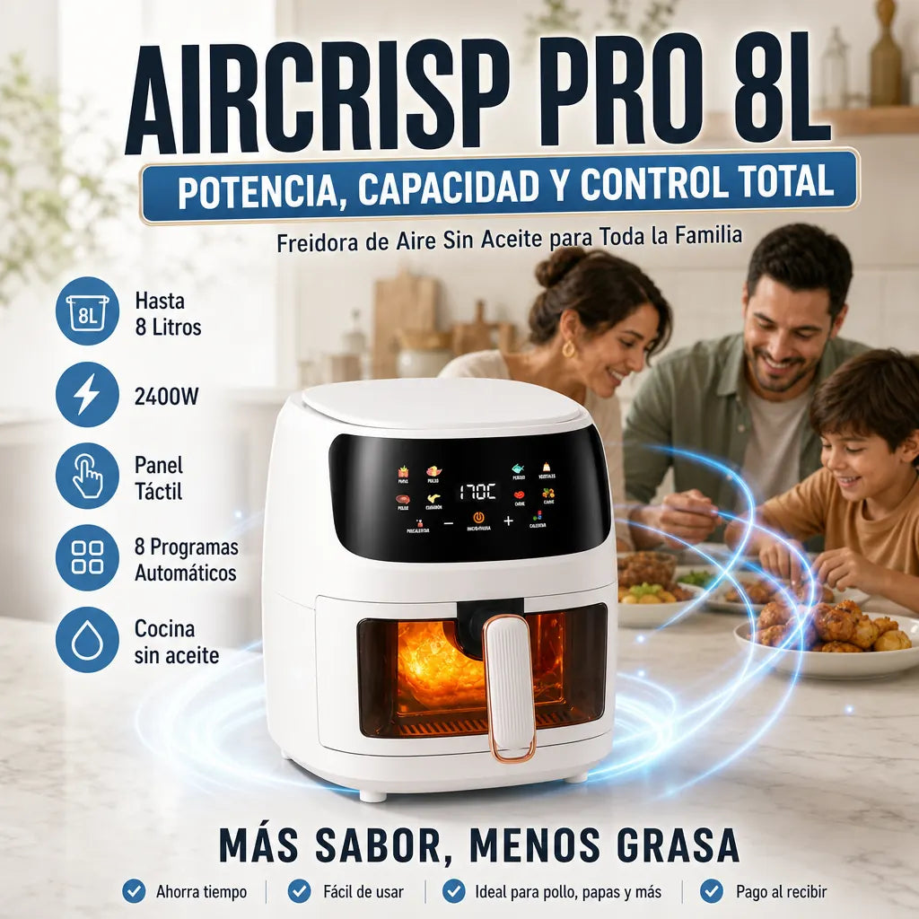 Freidora de Aire Sin Aceite | AirCrisp Pro 8L 2400W | Pantalla Táctil | 8 Programas Automáticos | Para Toda la Familia | Pago al Recibir Honduras
