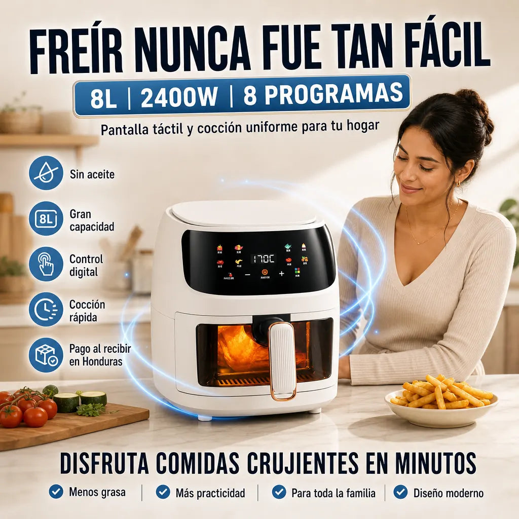 Freidora de Aire Sin Aceite | AirCrisp Pro 8L 2400W | Pantalla Táctil | 8 Programas Automáticos | Para Toda la Familia | Pago al Recibir Honduras