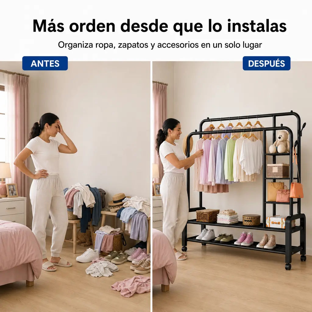 Perchero Organizador Doble Barra con Ruedas ClosetPro Rack 2B | 4 Estantes + Zapatera | 162 cm | Pago al Recibir Honduras