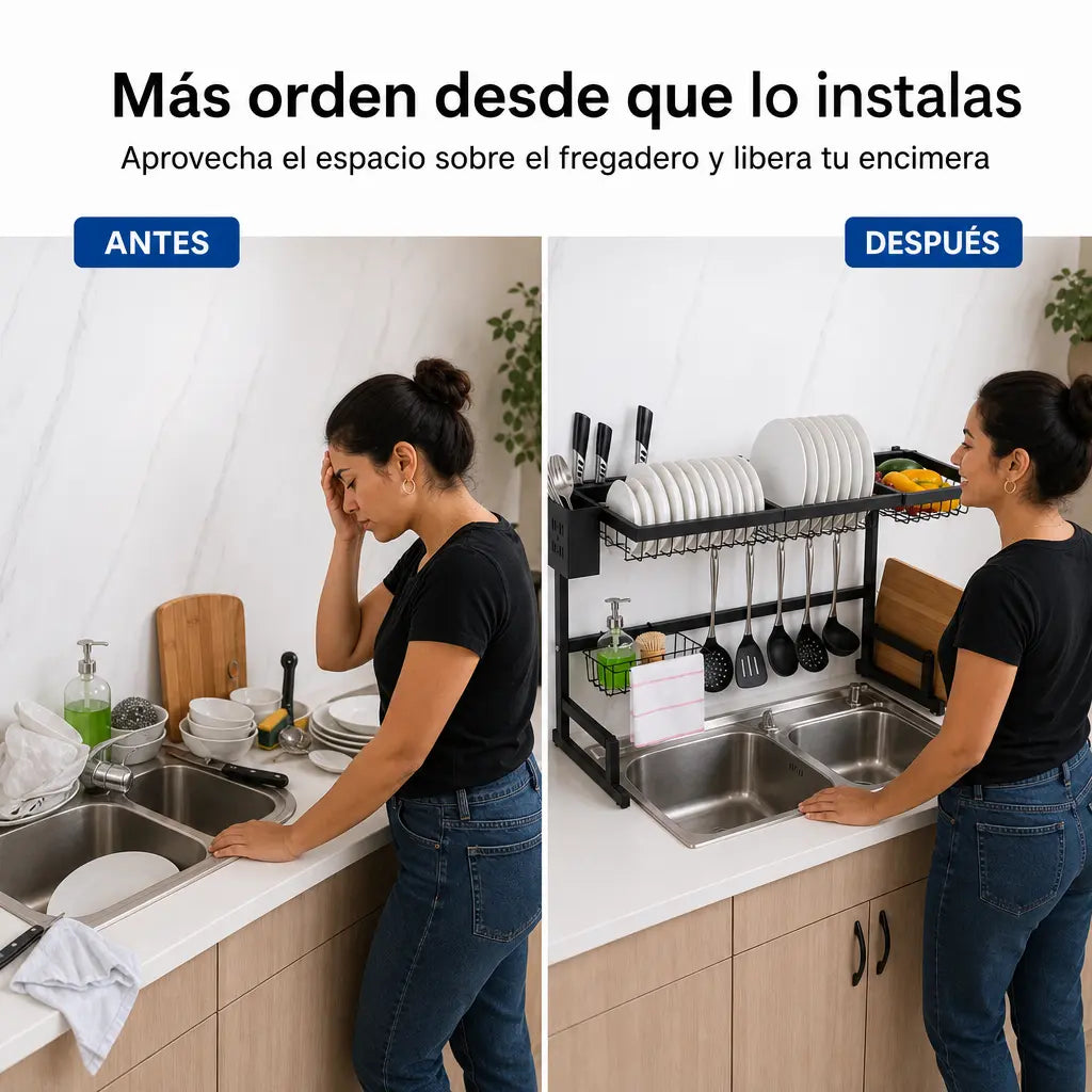 Escurridor Organizador de Cocina sobre Fregadero DrainPro Rack 2 Niveles | Acero Negro Mate | Accesorios Completos | Porta Tabla y Ganchos | Pago al Recibir Honduras