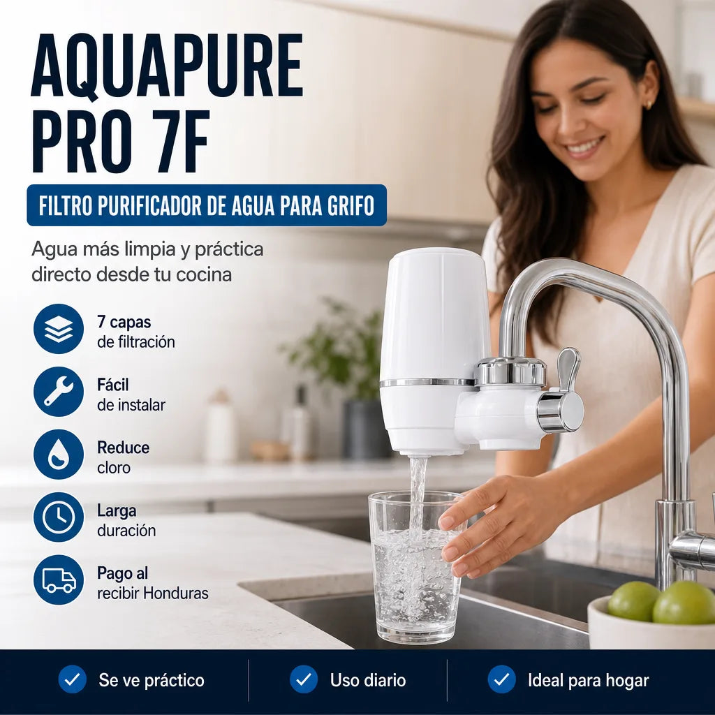 Filtro Purificador de Agua AquaPure Pro 7F para Grifo con 7 Capas de Filtración | Ayuda a Reducir Cloro, Óxido e Impurezas | Pago al Recibir Honduras