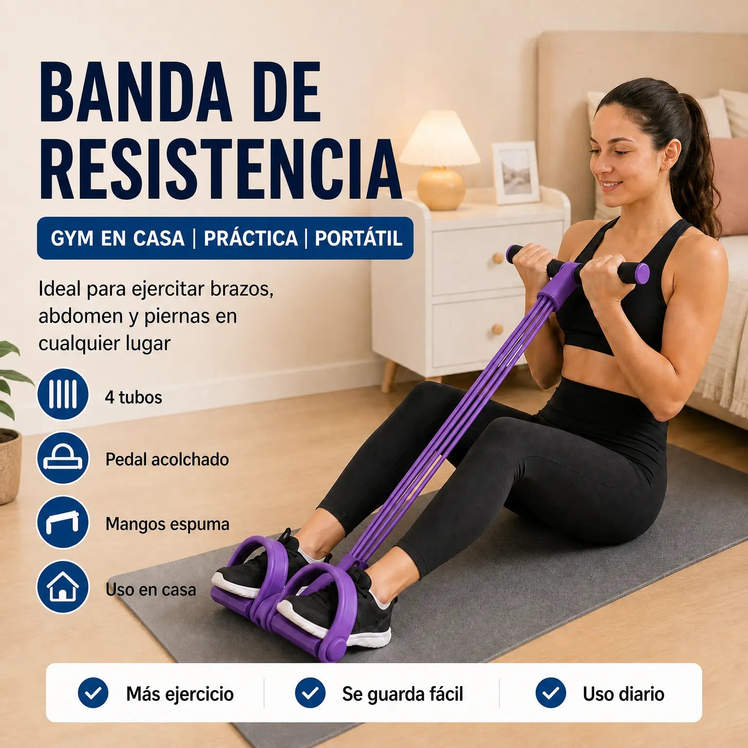Banda de Resistencia con Pedal 4 Tubos | Gimnasio en Casa para Brazos, Abdomen y Piernas | Pago al Recibir Honduras