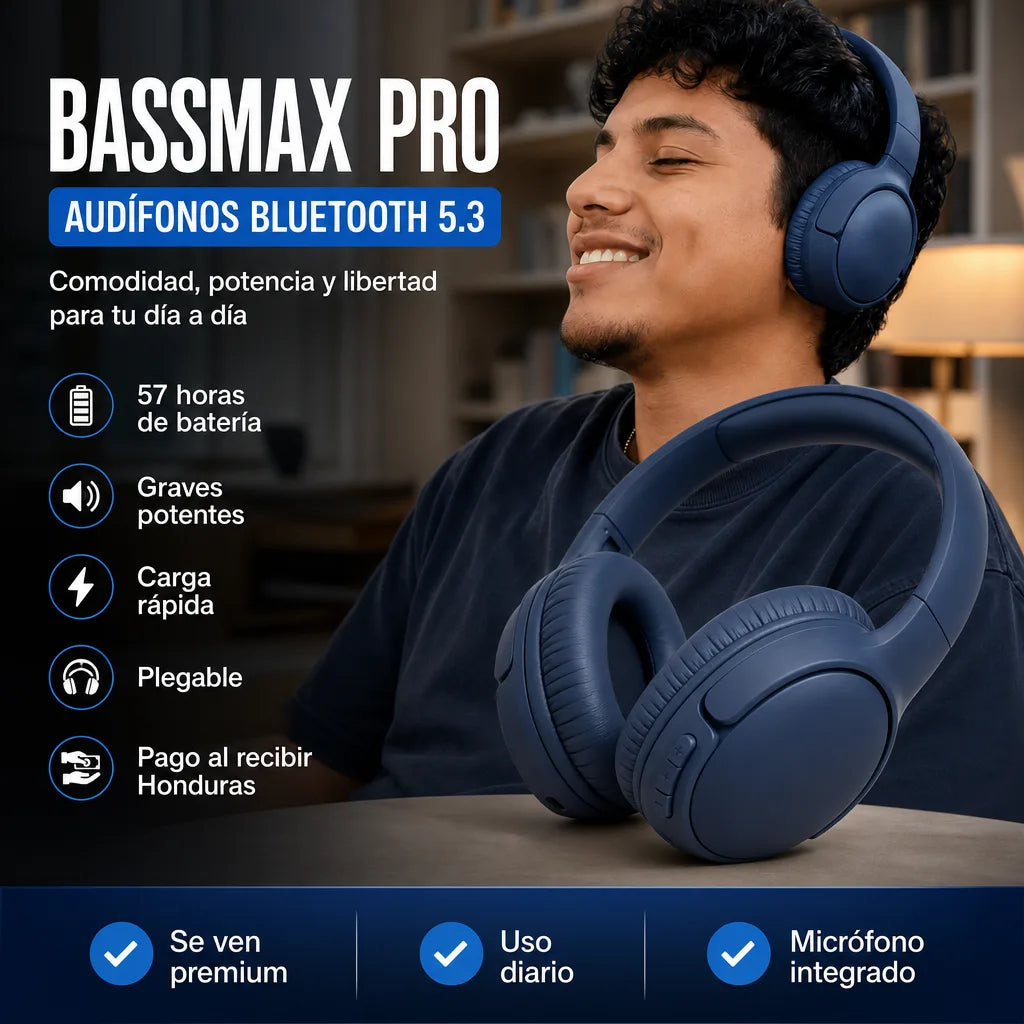 BassMax Pro | Audífonos Bluetooth 5.3 con 57 Horas de Batería Sonido Graves Potente y Carga Rápida | Plegable | Micrófono Integrado | Pago al Recibir Honduras