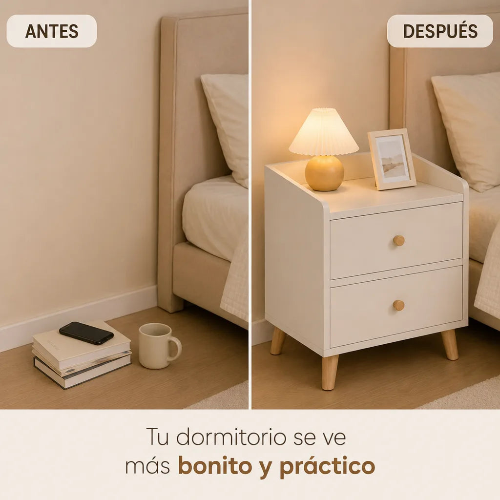 Mesa de Noche Nórdica BedsideNord Pro de 2 Cajones con Repisa Superior y Patas de Madera Natural para Dormitorio | Blanca | Pago al Recibir Honduras