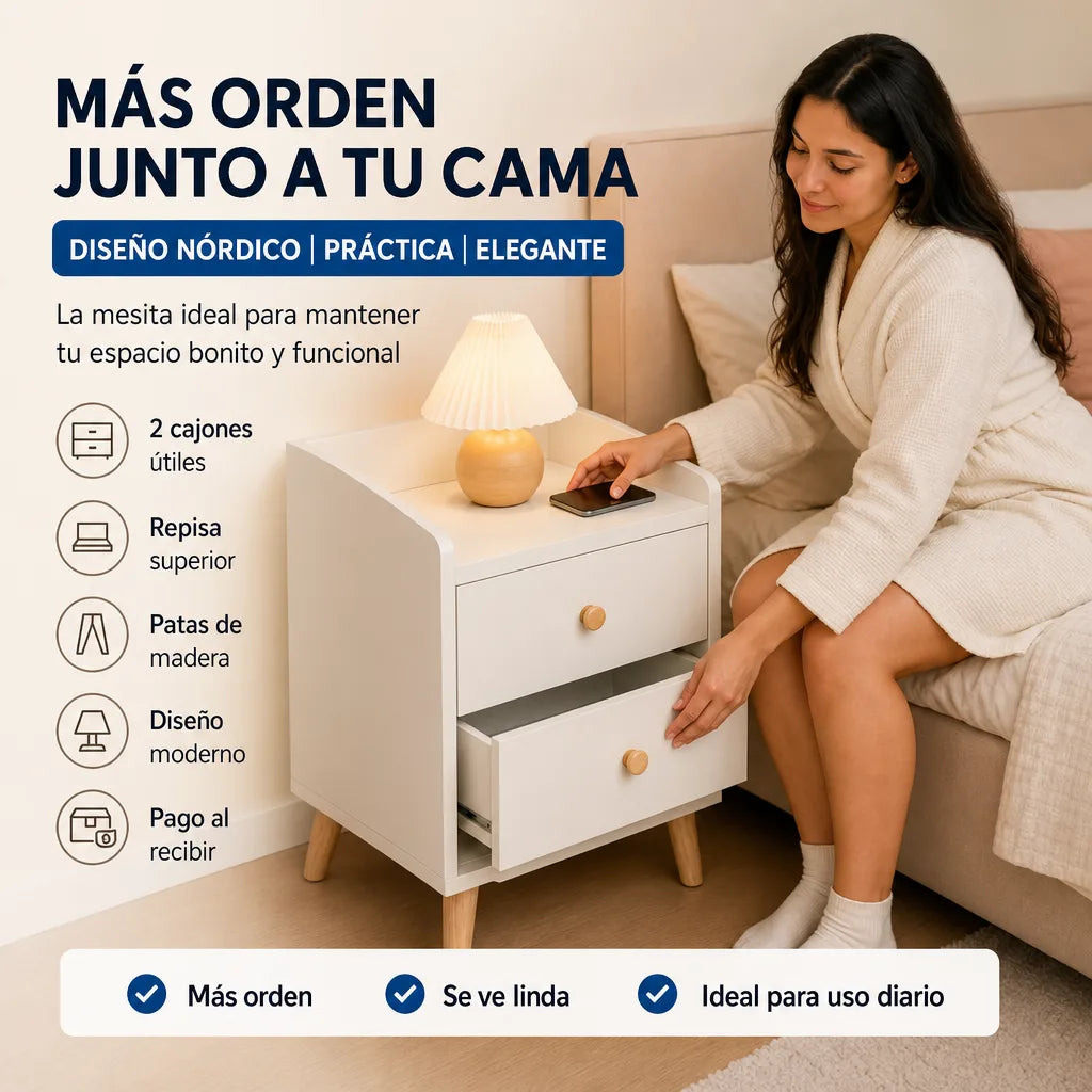 Mesa de Noche Nórdica BedsideNord Pro de 2 Cajones con Repisa Superior y Patas de Madera Natural para Dormitorio | Blanca | Pago al Recibir Honduras