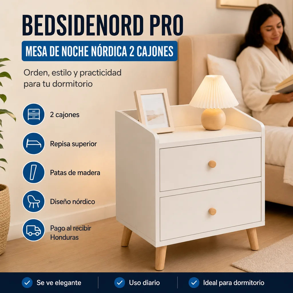 Mesa de Noche Nórdica BedsideNord Pro de 2 Cajones con Repisa Superior y Patas de Madera Natural para Dormitorio | Blanca | Pago al Recibir Honduras
