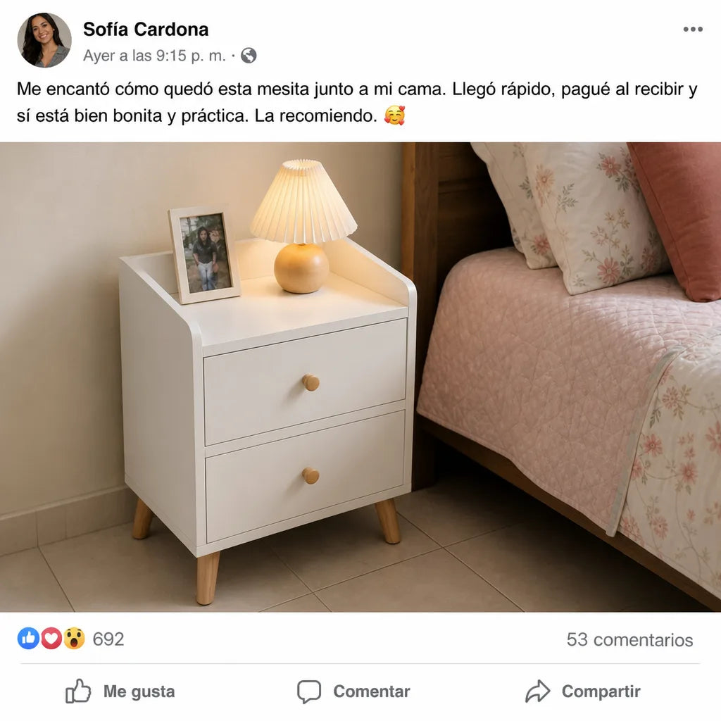 Mesa de Noche Nórdica BedsideNord Pro de 2 Cajones con Repisa Superior y Patas de Madera Natural para Dormitorio | Blanca | Pago al Recibir Honduras