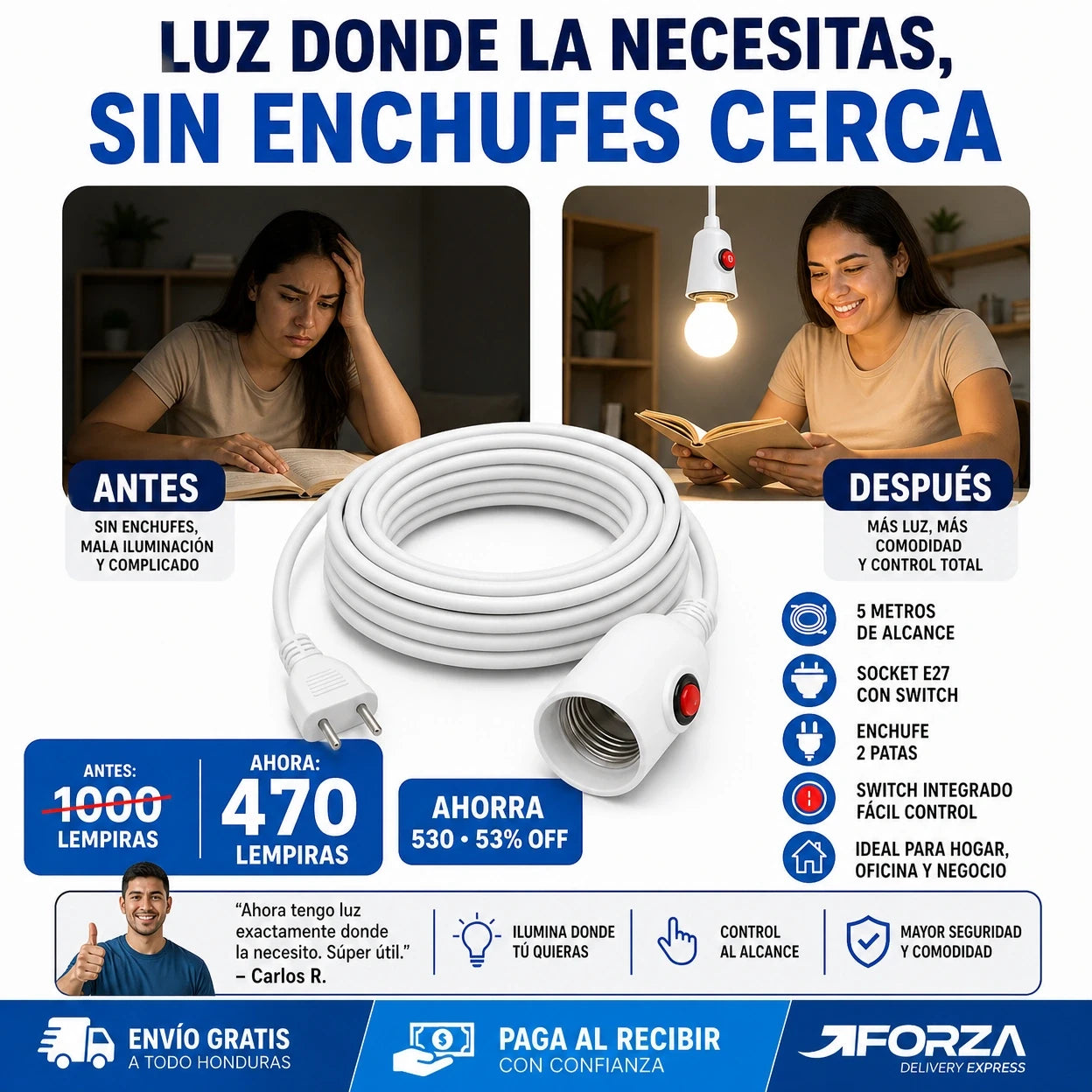 ⚡ Extensión Eléctrica 5 Metros con Switch — ¡Alcanzá Cualquier Rincón de tu Hogar!