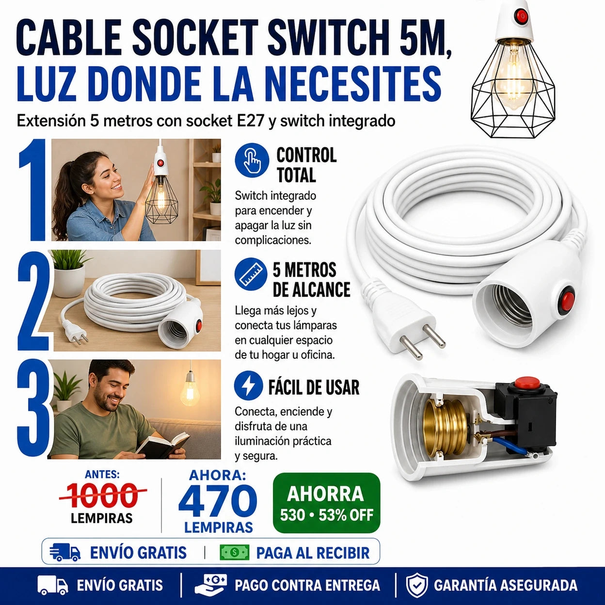 ⚡ Extensión Eléctrica 5 Metros con Switch — ¡Alcanzá Cualquier Rincón de tu Hogar!