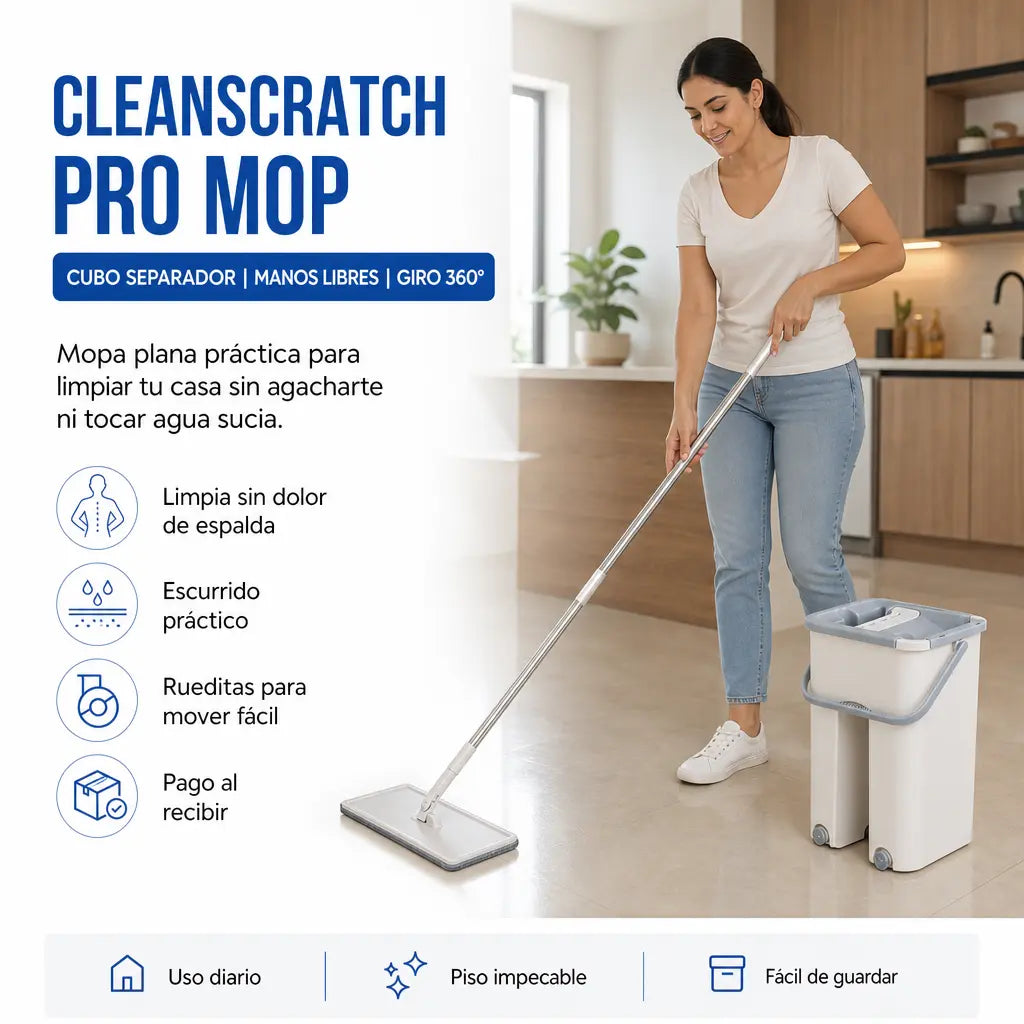 Mopa Plana con Cubo Separador CleanScratch Pro Mopa con Escurrido Manos Libres, Giro 360° y Limpieza Sin Agacharte | Pago al Recibir Honduras