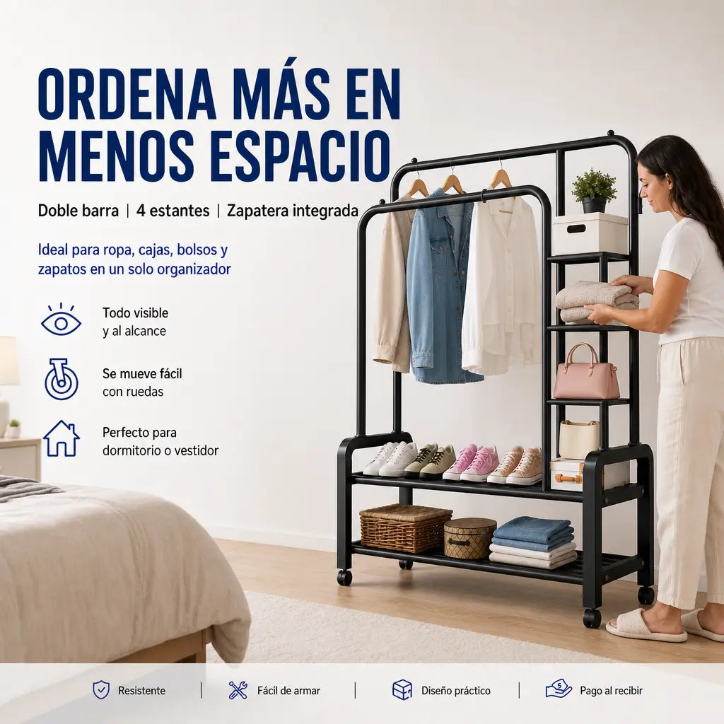 Perchero Organizador Doble Barra con Ruedas ClosetPro Rack 2B | 4 Estantes + Zapatera | 162 cm | Pago al Recibir Honduras