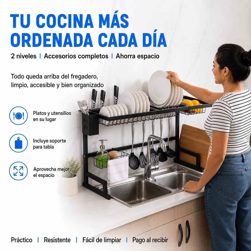 Escurridor Organizador de Cocina sobre Fregadero DrainPro Rack 2 Niveles | Acero Negro Mate | Accesorios Completos | Porta Tabla y Ganchos | Pago al Recibir Honduras