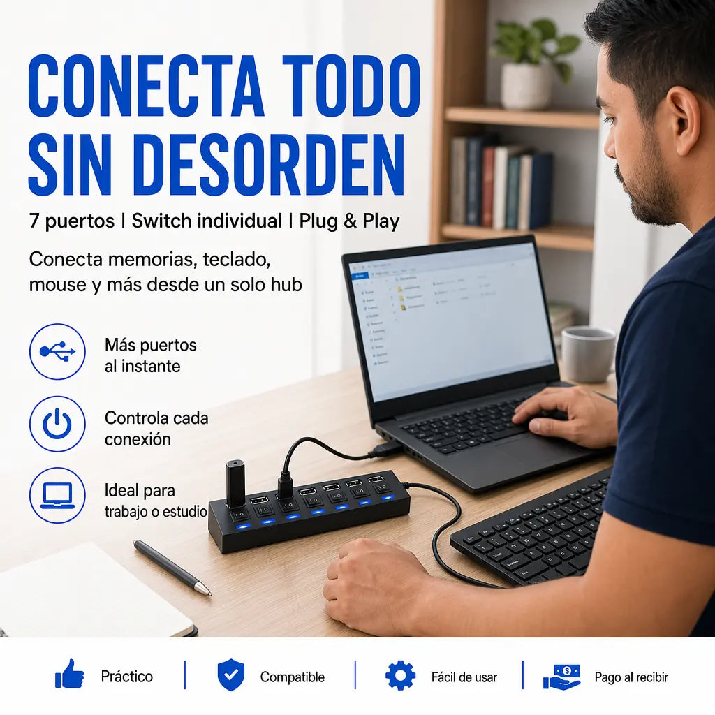 Hub USB 7 en 1 con Switch Individual | 7 Puertos USB 2.0 | LED Azul por Puerto | Plug & Play | Conecta Todo Fácil | Pago al Recibir Honduras