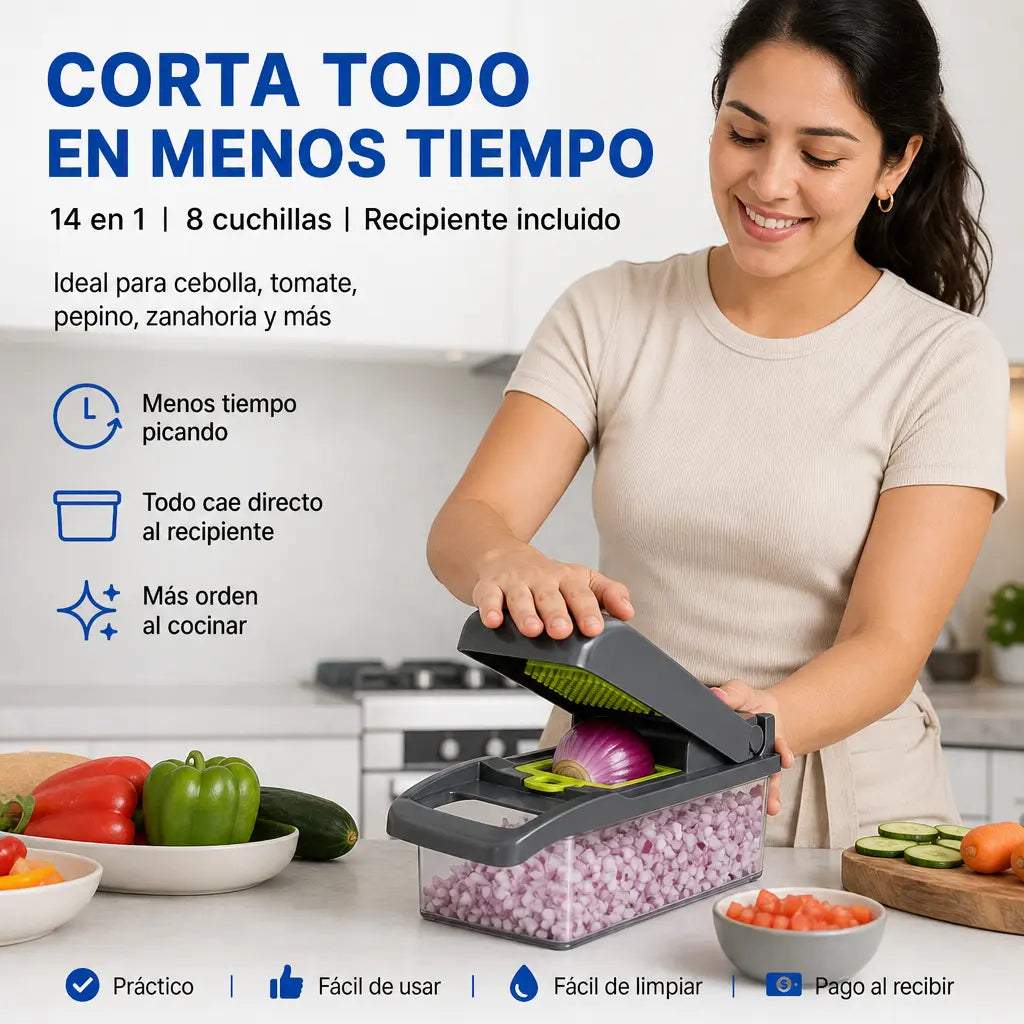 Cortadora de Verduras 14 en 1 | 8 Cuchillas de Acero | Pica, Rebana y Ralla en Minutos | Sin Llorar Picando Cebolla | Pago al Recibir Honduras