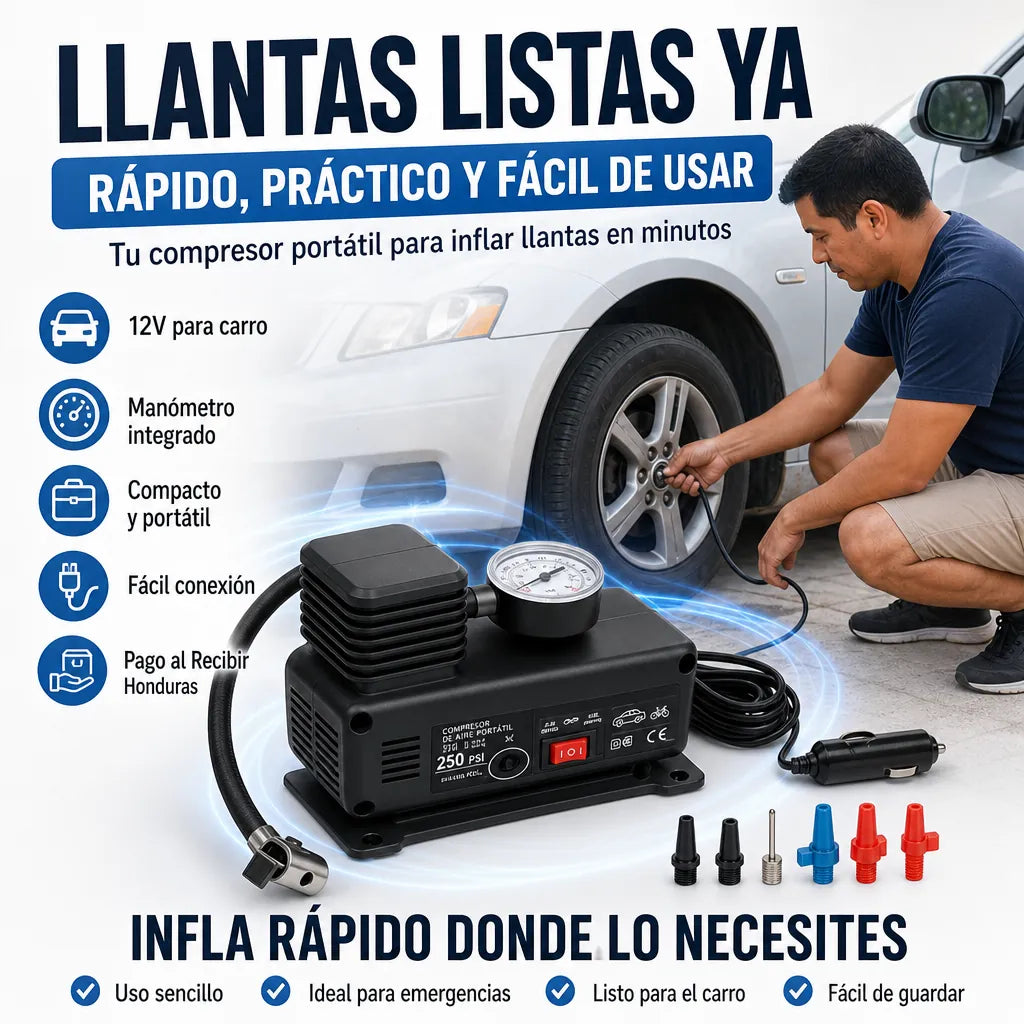 | Compresor de Aire Portátil |AirPump Pro 250 PSI | Para Carro, Moto y Más | Pago al Recibir Honduras