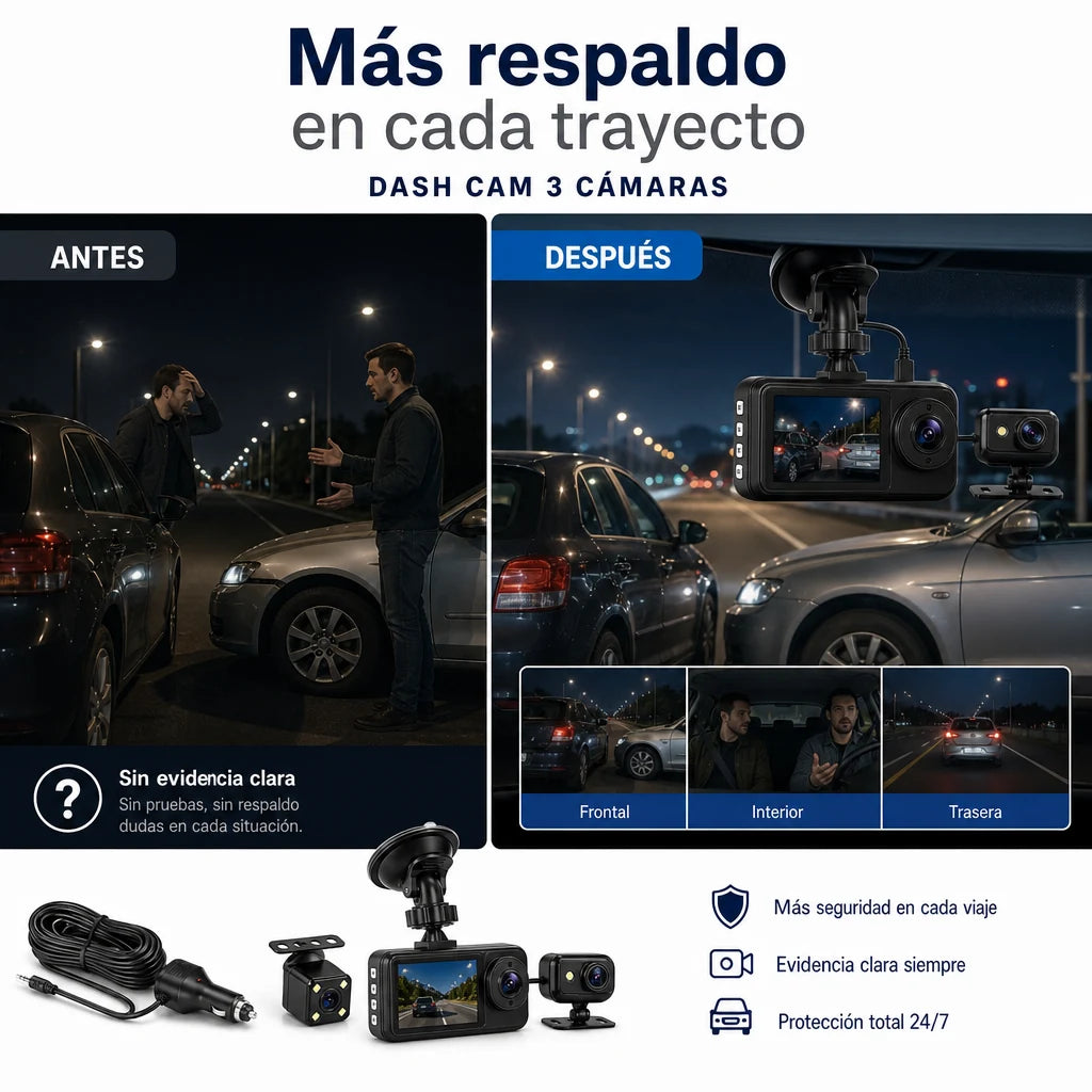 Dash Cam 3 Cámaras para Auto con Grabación Frontal, Interior y Trasera, Visión Nocturna y Protección Total al Volante | Pago al Recibir Honduras