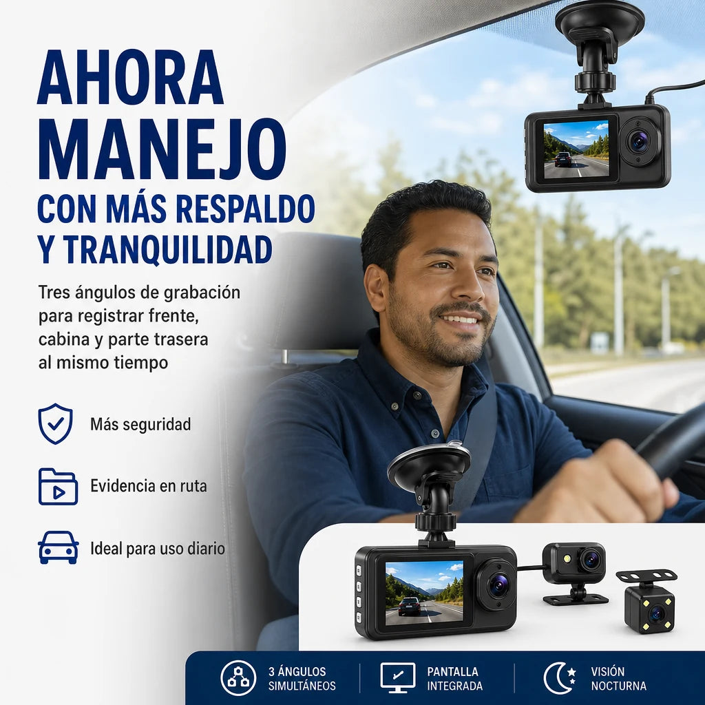 Dash Cam 3 Cámaras para Auto con Grabación Frontal, Interior y Trasera, Visión Nocturna y Protección Total al Volante | Pago al Recibir Honduras