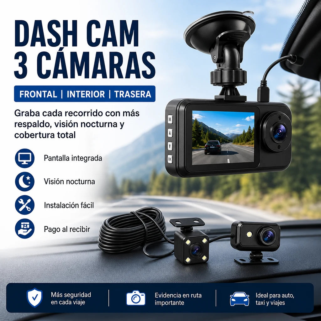 Dash Cam 3 Cámaras para Auto con Grabación Frontal, Interior y Trasera, Visión Nocturna y Protección Total al Volante | Pago al Recibir Honduras