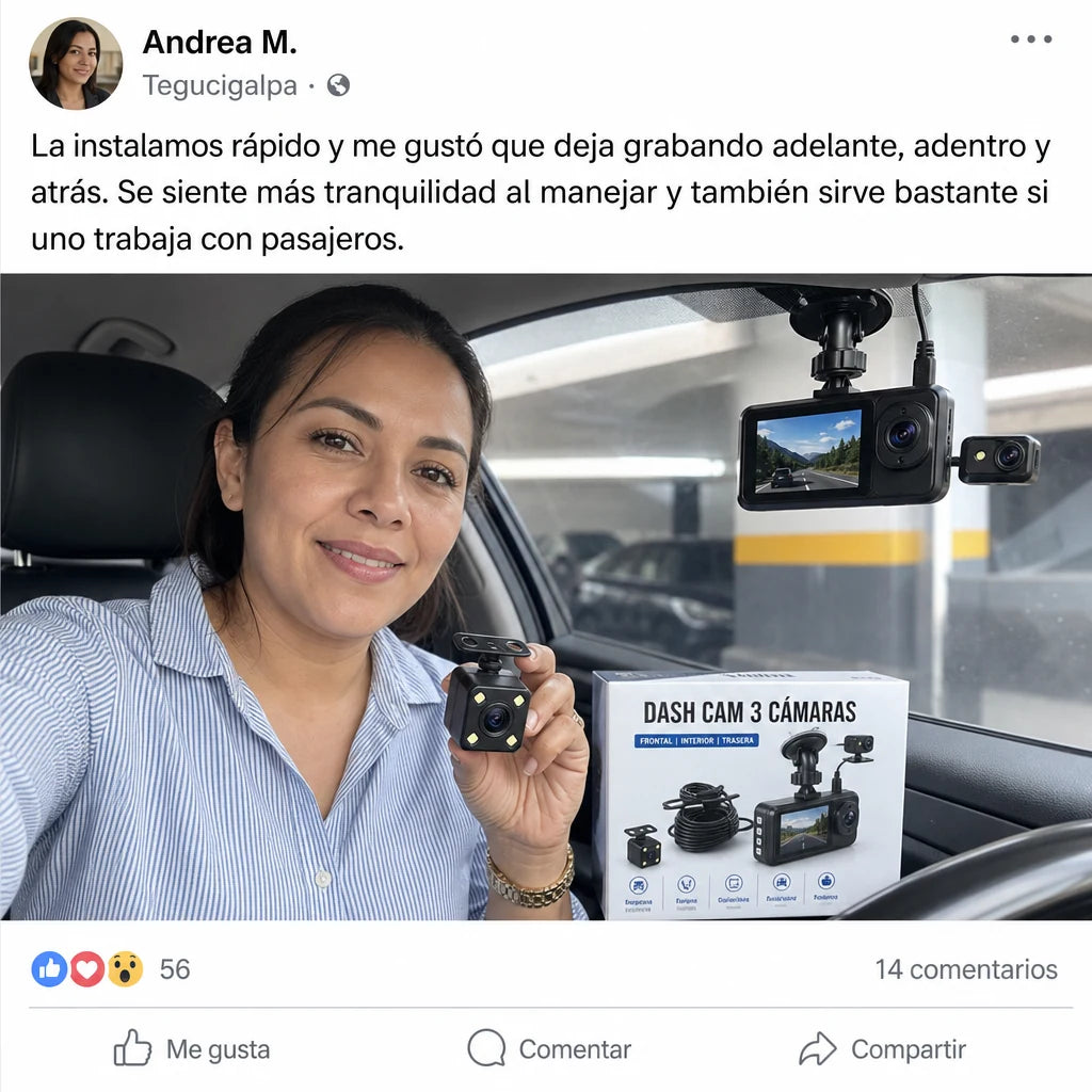 Dash Cam 3 Cámaras para Auto con Grabación Frontal, Interior y Trasera, Visión Nocturna y Protección Total al Volante | Pago al Recibir Honduras
