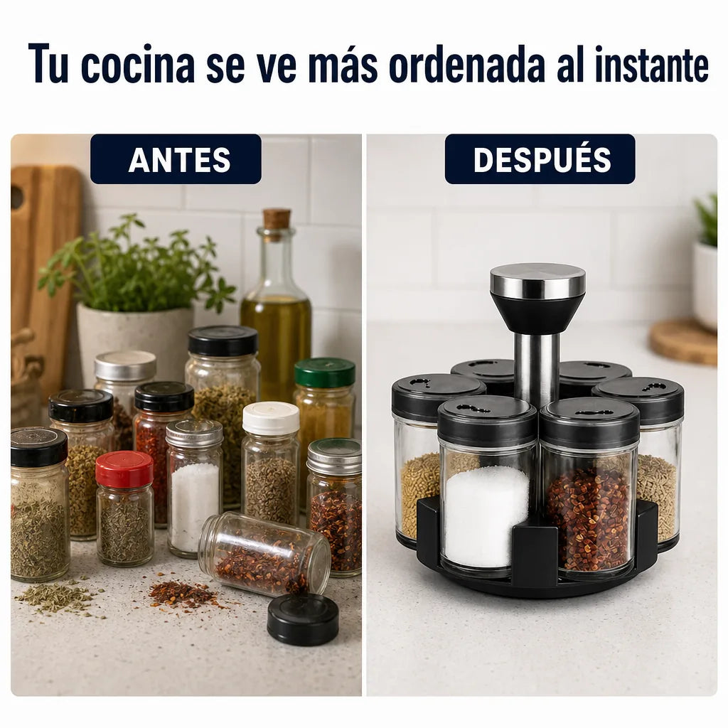 Especiero Giratorio 360° con 6 Frascos de Vidrio y Tapas Dosificadoras | Organizador de Condimentos para Cocina | Pago al Recibir Honduras