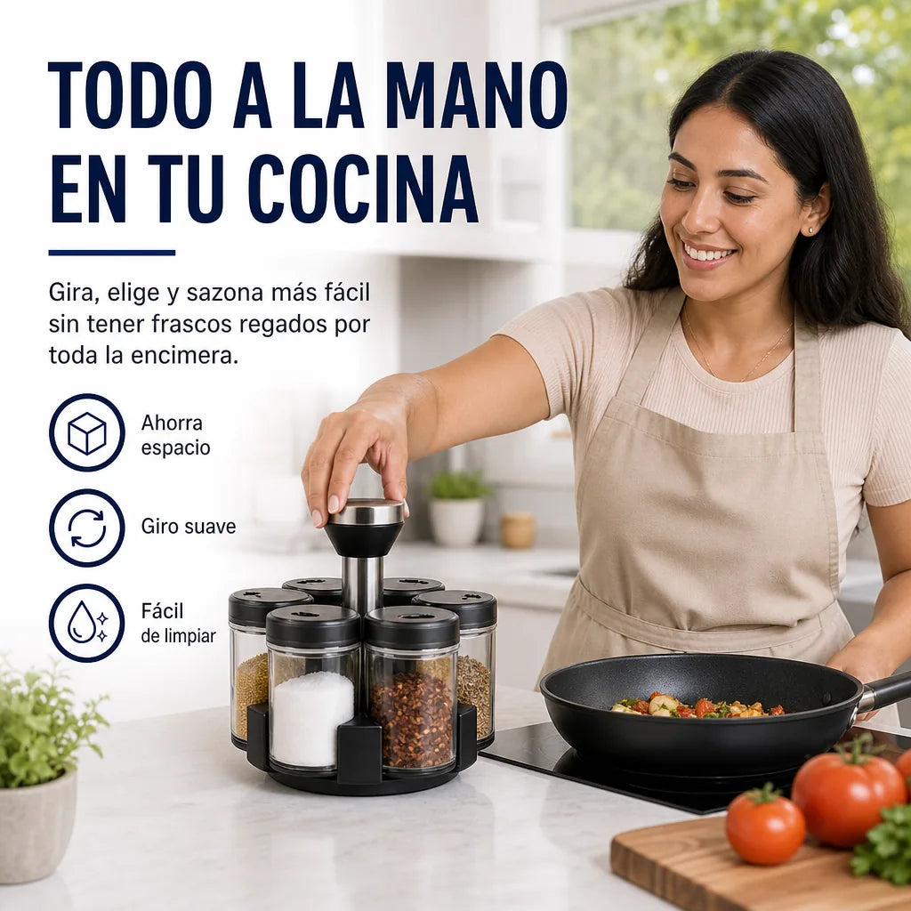 Especiero Giratorio 360° con 6 Frascos de Vidrio y Tapas Dosificadoras | Organizador de Condimentos para Cocina | Pago al Recibir Honduras