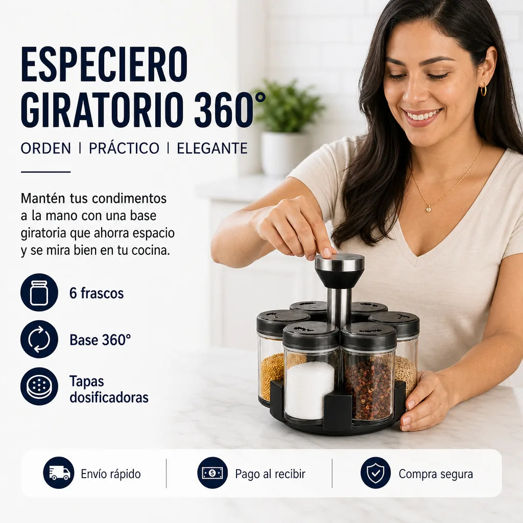 Especiero Giratorio 360° con 6 Frascos de Vidrio y Tapas Dosificadoras | Organizador de Condimentos para Cocina | Pago al Recibir Honduras