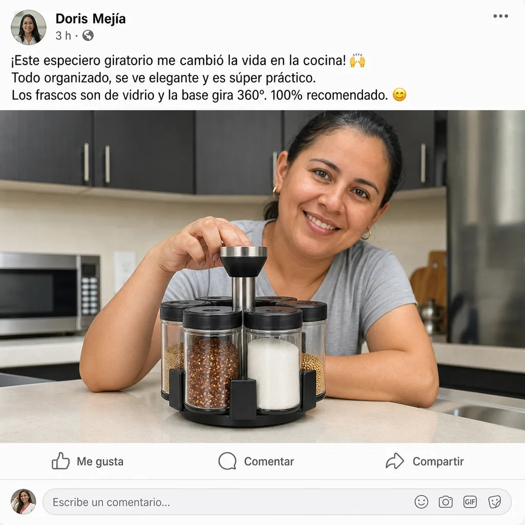 Especiero Giratorio 360° con 6 Frascos de Vidrio y Tapas Dosificadoras | Organizador de Condimentos para Cocina | Pago al Recibir Honduras