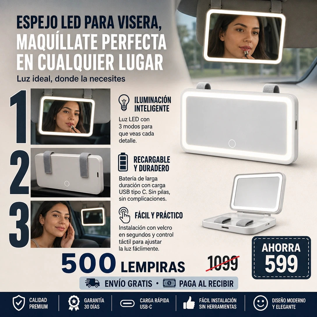 💄 Espejo LED para Visera — ¡Maquillate Perfecta en tu Carro!