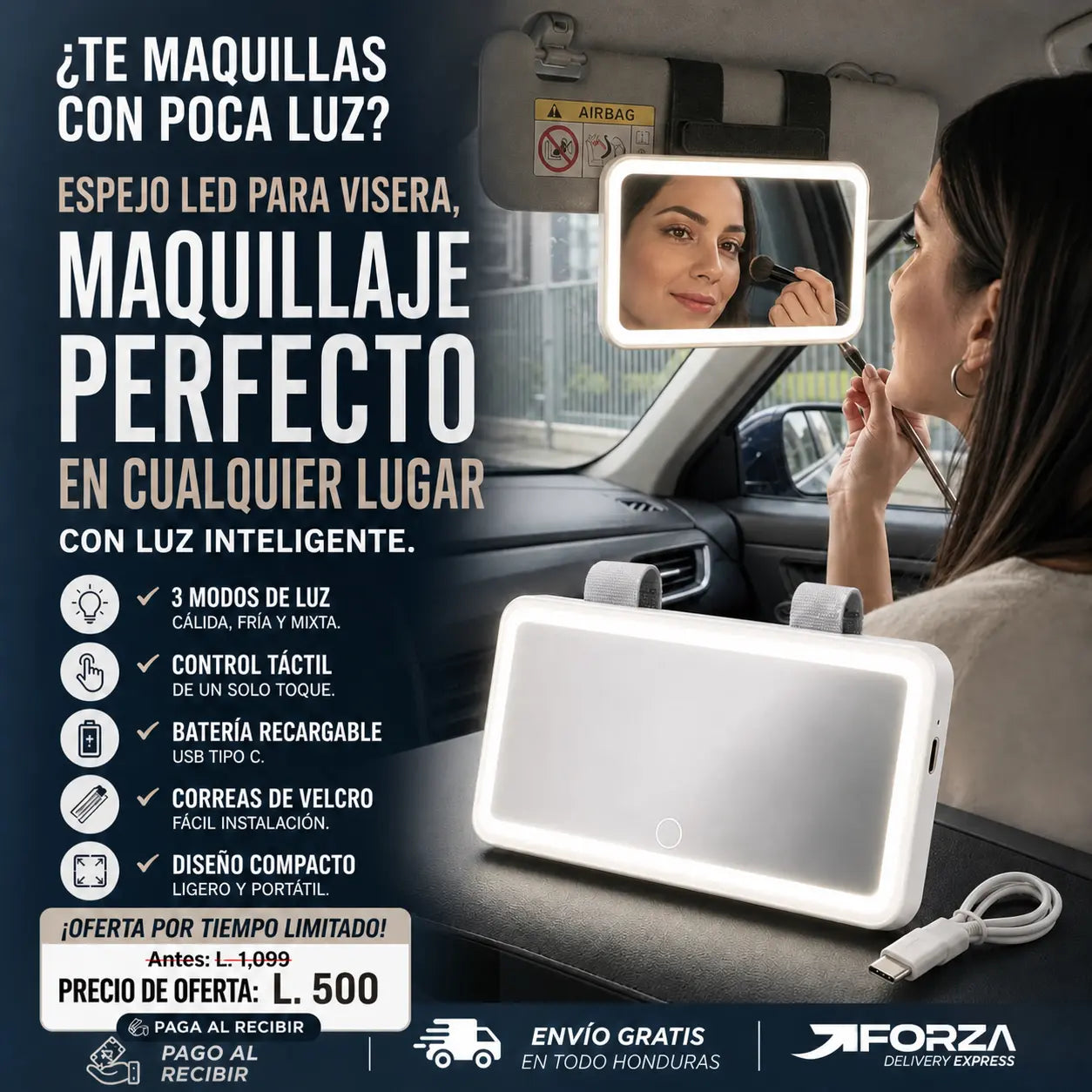 💄 Espejo LED para Visera — ¡Maquillate Perfecta en tu Carro!