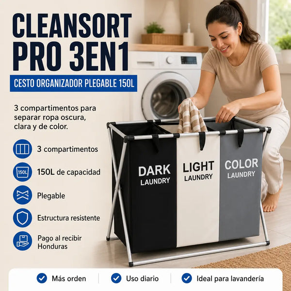 Cesto Organizador de Ropa Plegable CleanSort Pro 3en1 con 3 Compartimentos 150L para Separar Ropa Oscura, Clara y de Color | Pago al Recibir Honduras
