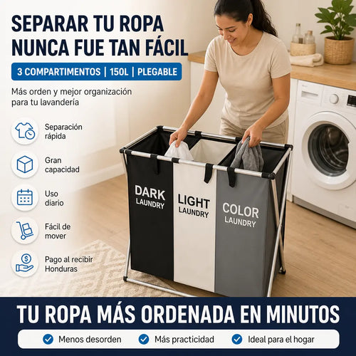 Cesto Organizador de Ropa Plegable CleanSort Pro 3en1 con 3 Compartimentos 150L para Separar Ropa Oscura, Clara y de Color | Pago al Recibir Honduras