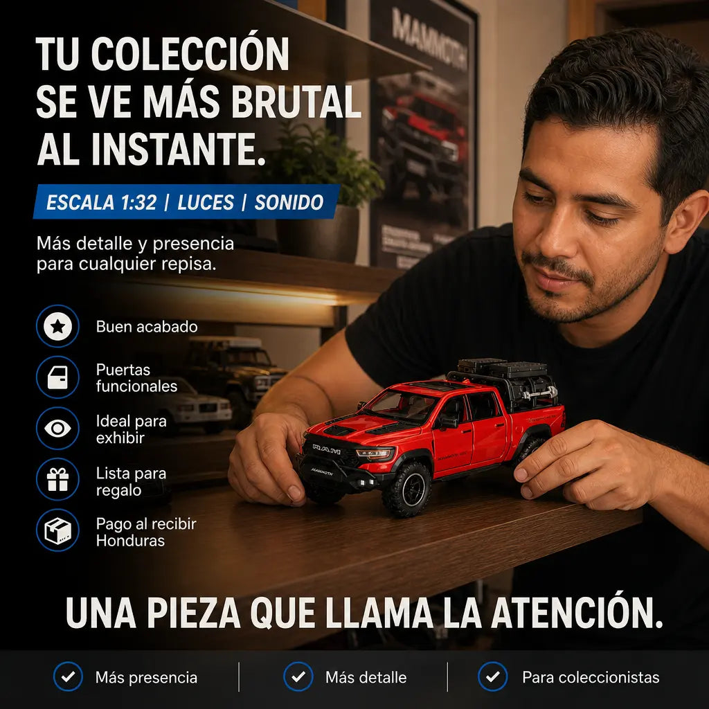Pick-Up Die-Cast RAM Mammoth Pro 1:32 con Luces, Sonido, Puertas que Abren y Accesorios | Escala 1:32 en Zinc y Goma | Pago al Recibir Honduras