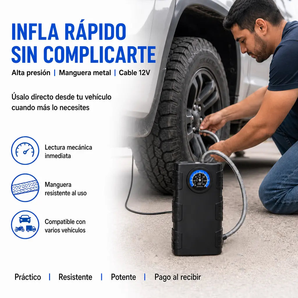 Bomba de Aire de Alta Presión con Manómetro Mecánico — Sin Baterías | Manguera Metálica | Para Camionetas y 4x4 💪🛞